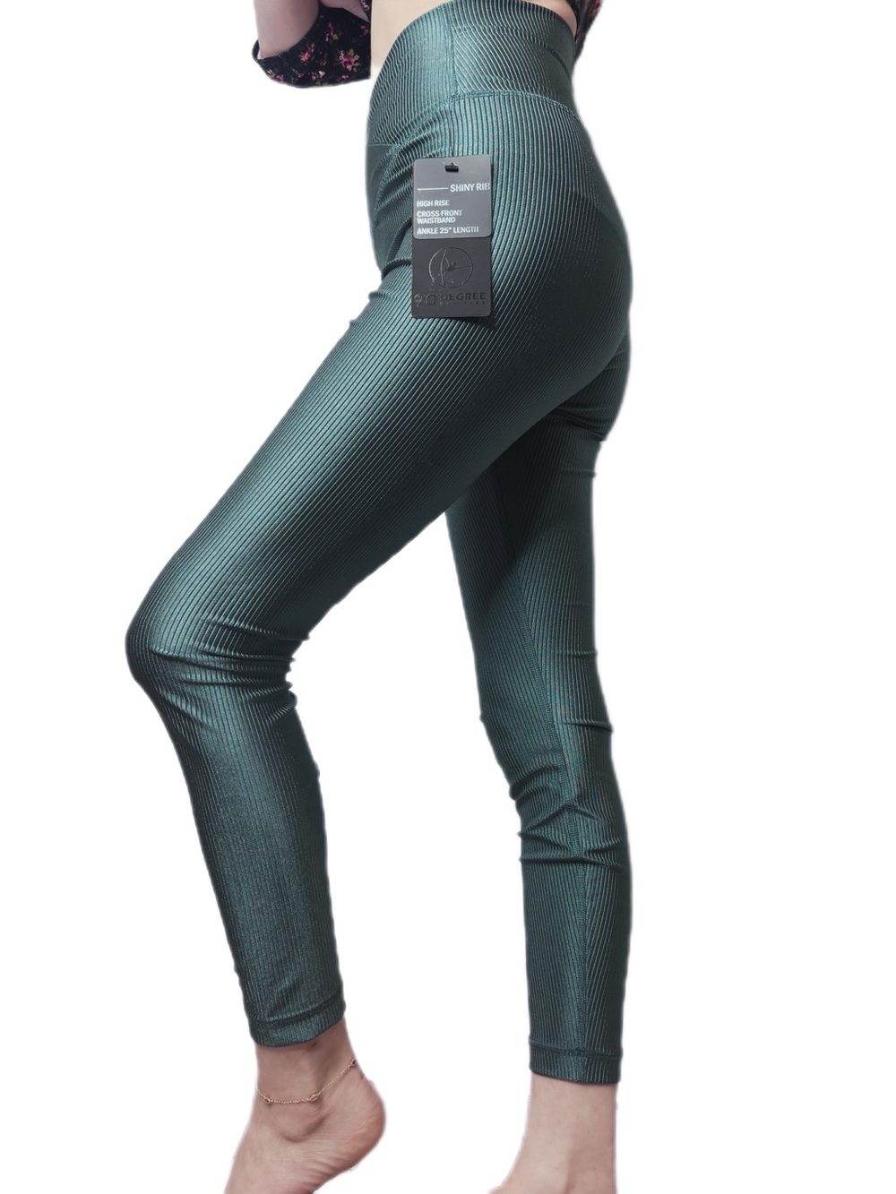 90 Degree by Reflex Shiny Rib Crossover Waistband Leggings Teal Size S NWT
